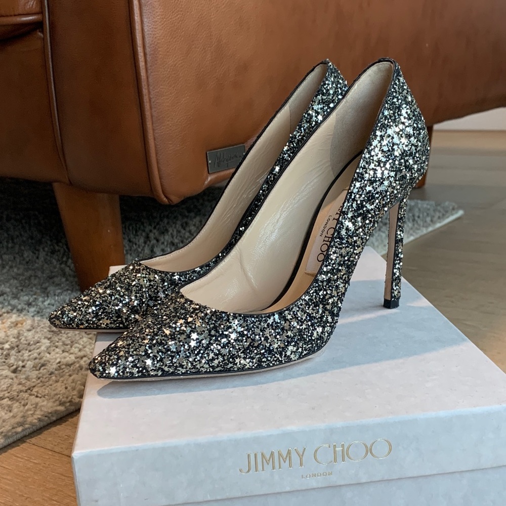 Limited rare Jimmy Choo Romy 100 gold mix star glitter pumps 36